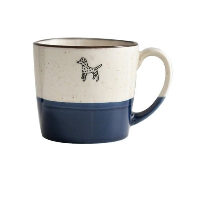 Japan imported Minoyaki Dog Mug, speckled ceramic with navy blue base.